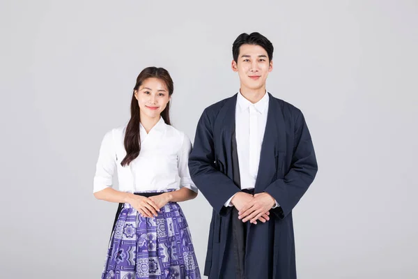 Korejský Mladý Pár Muž Žena Moderním Hanboku Pozdrav — Stock fotografie