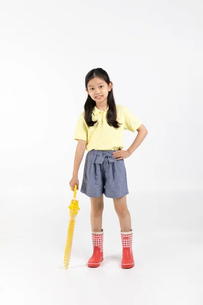 Cute Young Korean Girl Rainy Season Concept White Background Studio — Stock Photo, Image