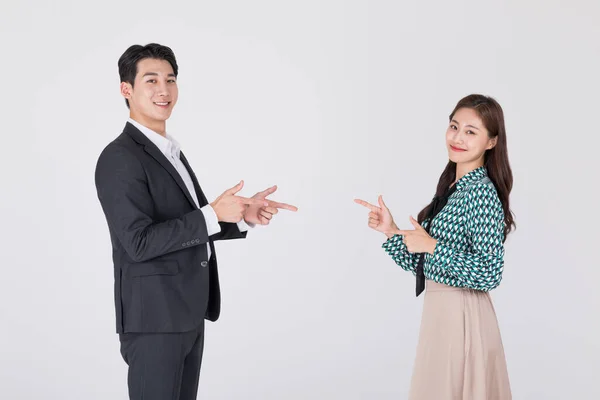 Korean Young Couple Man Woman Wearing Modern Hanbok Arrow Hand — Stock Photo, Image