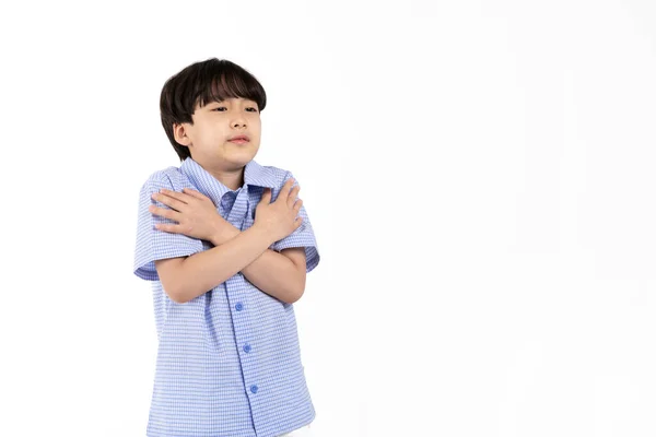 Menino Coreano Vestindo Verão Camisa Meia Manga Azul Fundo Branco — Fotografia de Stock