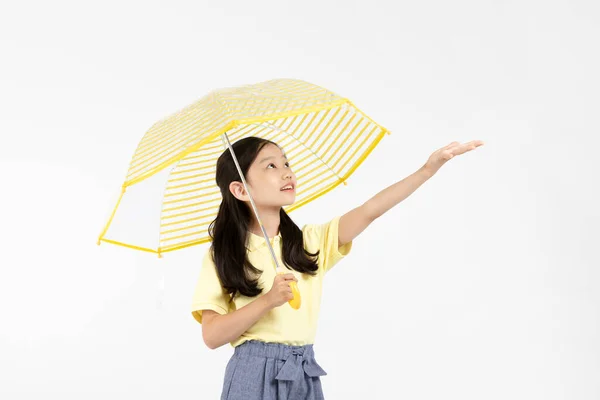 可爱的年轻韩国女孩 雨季的概念在白色背景工作室_ _拿着一把雨伞伸出来 — 图库照片