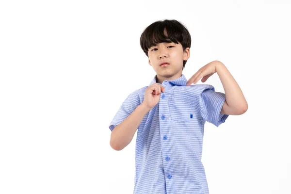 Joven Coreano Con Camisa Media Manga Azul Verano Fondo Blanco — Foto de Stock