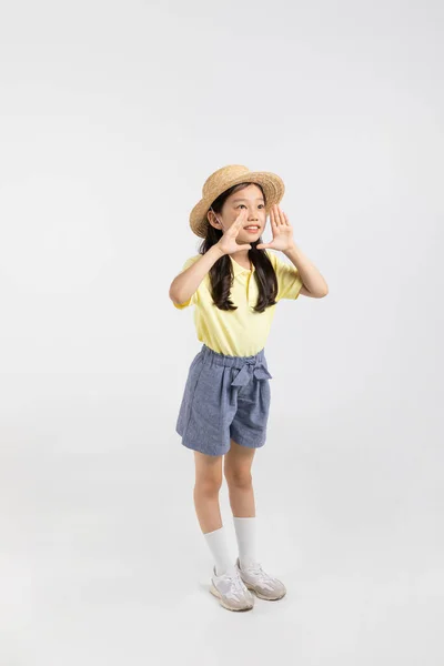 Koreai Fiatal Lány Visel Tornaterem Fehér Háttér Stúdió Hurrá Kézzel — Stock Fotó