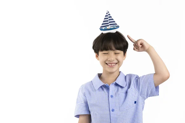 Coreano Joven Usando Verano Azul Camiseta Media Manga Fondo Blanco — Foto de Stock