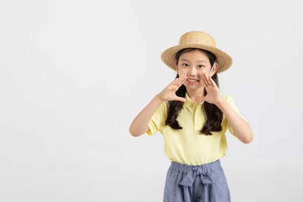 Menina Coreana Vestindo Roupas Ginástica Estúdio Fundo Branco Hooray Movimento — Fotografia de Stock