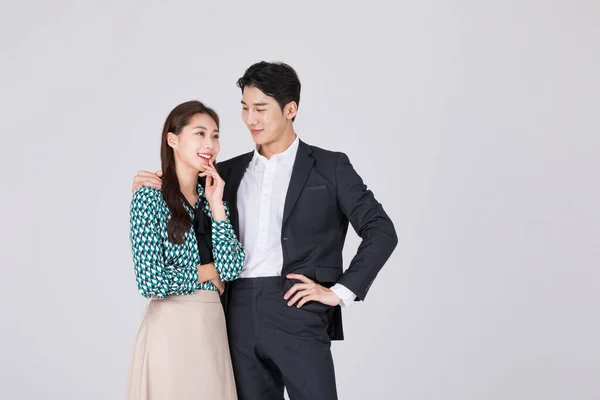 Korean Young Couple Man Woman Wearing Modern Hanbok Smiling Couple — Stock Photo, Image