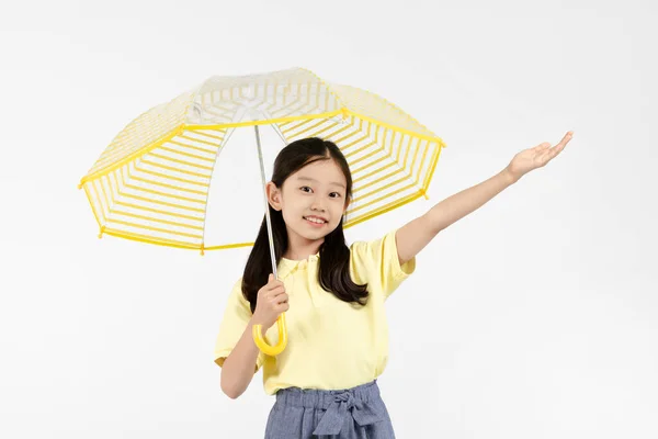 可爱的年轻韩国女孩 雨季的概念在白色背景工作室 拿着一把雨伞 伸出援手 — 图库照片