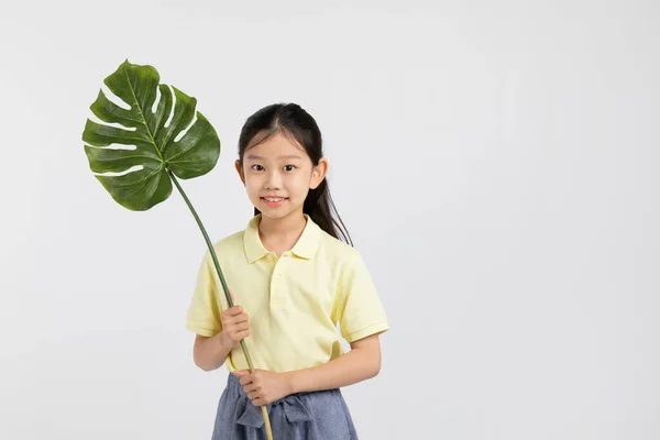 Korean Young Girl Wearing Gym Clothes White Background Studio Holding — Stock Photo, Image