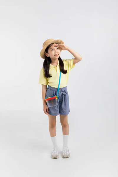 Koreai Fiatal Lány Visel Tornaterem Fehér Háttér Stúdió Rovar Keresés — Stock Fotó