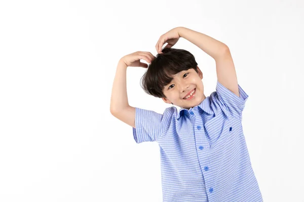 Korean Young Boy Wearing Summer Blue Half Sleeve Shirt White — Stock Photo, Image