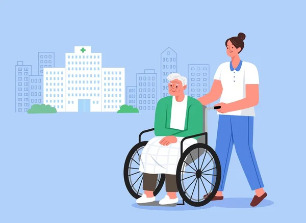 老人保健老人介護ヘルパー_病院前の車椅子の高齢者を助ける — ストックベクタ