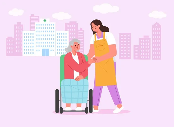 Salud Personas Mayores Ayudante Atención Geriátrica Ayudar Las Personas Mayores — Vector de stock