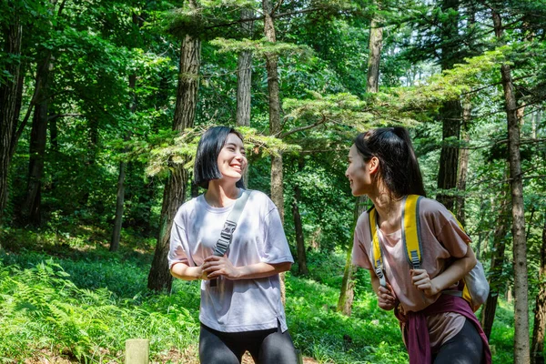 Korean Young Women Hiking Plogging_Trekking Mountain — Stock Photo, Image