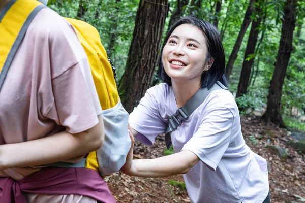 Coreano Jovens Mulheres Caminhadas Plogging Trekking Montanha — Fotografia de Stock