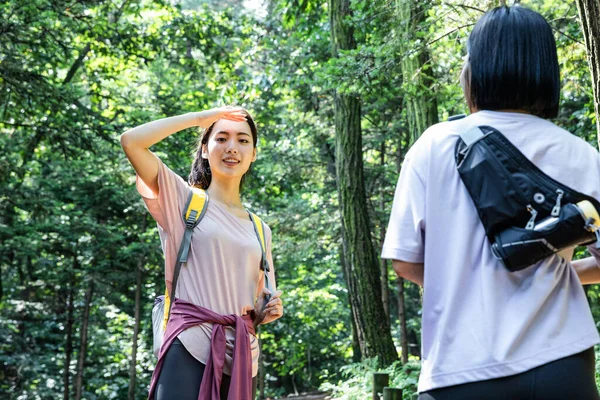 Coreano Jovens Mulheres Caminhadas Plogging Trekking Montanha — Fotografia de Stock