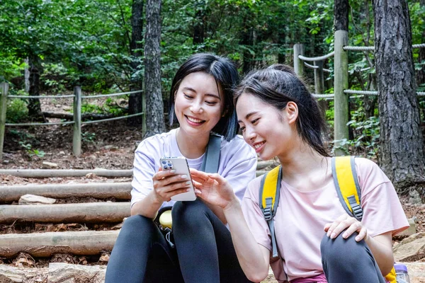 Coreano Jovens Mulheres Caminhadas Plogging Sentado Assistindo Smartphone — Fotografia de Stock