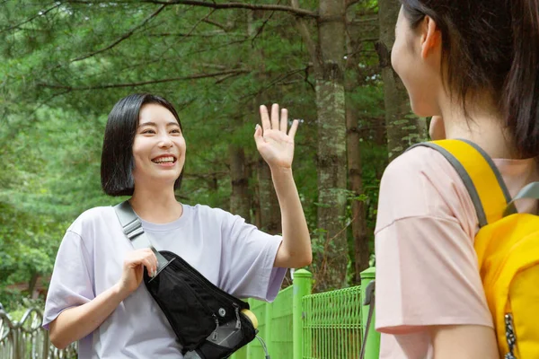 Korean Young Women Hiking Plogging_Greeting Each Other — Stock Photo, Image