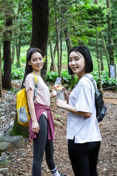 Юные Корейские Женщины Походах Бичевании Горных Хребтов — стоковое фото