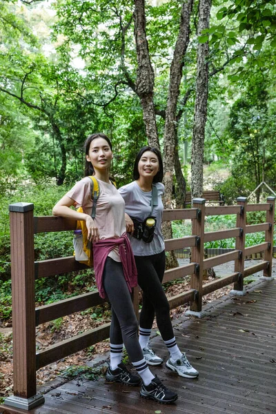 Coreano Jovens Mulheres Caminhadas Plogging Trekking Montanha — Fotografia de Stock