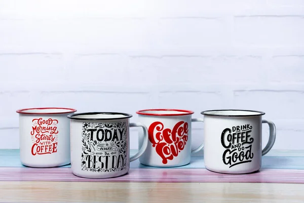 Set Coffee Cans Enchanted Inscriptions — Stock Fotó