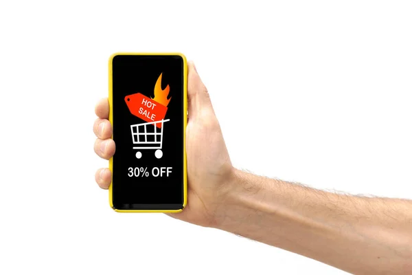 Elinde akıllı bir telefon var ve ekranında satışta% 30 indirim var..