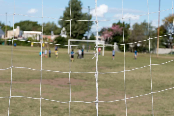 Selective Focus Net Soccer Goal Ground Game —  Fotos de Stock