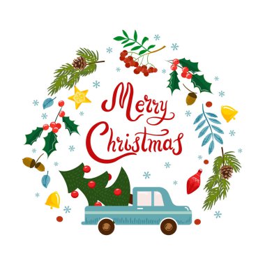 Noel ağacı, ökseotu, kozalak dalları dekoru süslemek için kar taneleri dekoru süsleme amaçlı Mutlu Noel süslemeli mektuplar çizilmiş. Kış bayramı afişine hoş geldiniz.