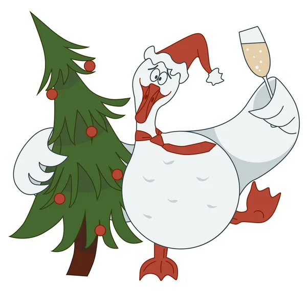 Oie drôle dans le style de dessin animé. Illustration vectorielle sans fond. Sticker avec une photo d'une oie embrassant un arbre de Noël et tenant une coupe de champagne. Dessin pour les vacances du Nouvel An — Image vectorielle