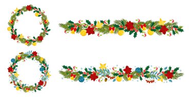 Kusursuz Noel sınırı ve ökseotu çelengi, Noel yıldızı çiçeği, çanı ve Noel süslemeleri olan köknar ağacı, şeker kamışı. Posterler, afişler, kartlar, davetiyeler için uygun desen