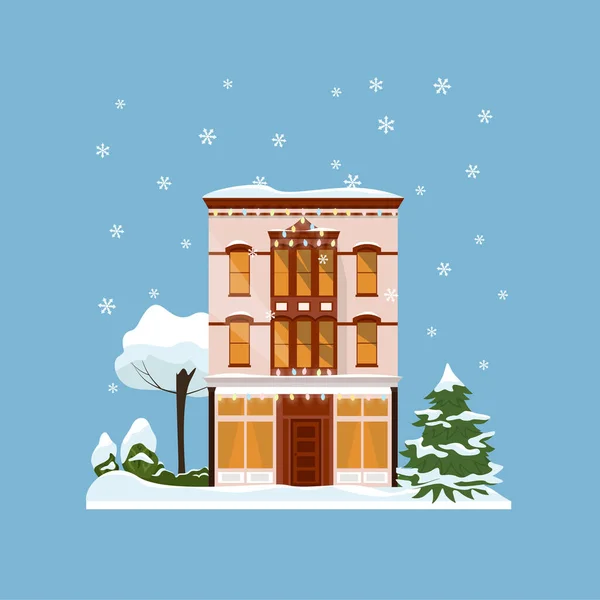 Dekorované budovy na rok 2022 a Vánoce. Budova se stromem a jedlí na dvoře, stavební fasáda s lucernami na Vánoce. Dovolená a oslavy, zimní architektura — Stockový vektor