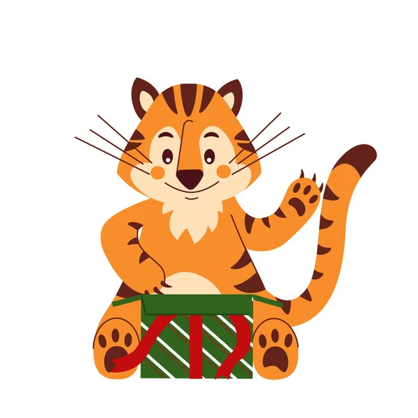 Petit Tigre Mignon Ouvre Une Boîte Avec Des Cadeaux Félicitations — Image vectorielle