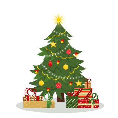 Hediye kutuları, ışıklar, süsler, toplar ve çelenklerle süslenmiş Noel ağacı. Mutlu Noeller ve mutlu yıllar. Düz biçim vektör illüstrasyonu