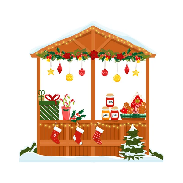 Marché Noël Avec Nourriture Boissons Chaudes Boutique Cadeaux Noël Avec — Image vectorielle