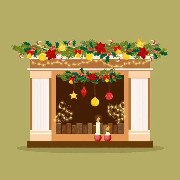 Cheminée Noël Décorative Confortable Avec Guirlandes Bougies Illustration Vectorielle Style — Image vectorielle