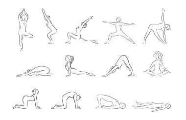 Sanat tarzında kadın siluetleri. El yapımı yoga pozları koleksiyonu. Asana hazır. Vektör illüstrasyonu.