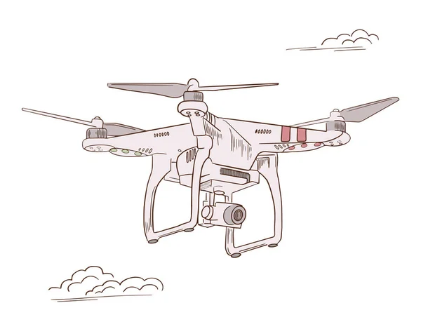 Disegno a mano vettore illustrazione telecomando veicolo aereo, quadrocopter. Il drone dell'aria si libra. Drone schizzo volante. — Vettoriale Stock