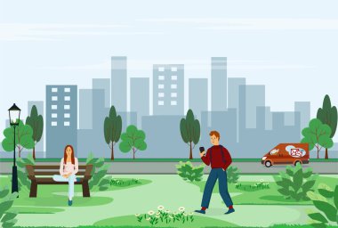 Şirin vektör çizimi. Genç bir kız bir bankta kemerde oturuyor. Adam telefonda konuşarak parkta yürür. Web sitesi, iniş sayfası, pankart ve daha fazlası için kullanılabilir..