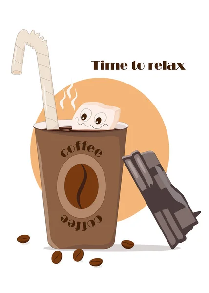 Kamış, americano ve marşmelovlu kağıt kahve fincanının komik vektör çizimi. Kahve reklamı için harika. — Stok Vektör