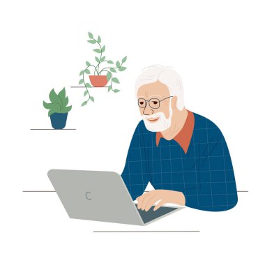 Dizüstü bilgisayarı olan mutlu dede. Yaşlı adam bilgisayarla oturuyor. Beyaz arkaplanda vektör çizimi izole edildi. Yaşlı adam evde kalıyor ve internet üzerinden iletişim kuruyor..