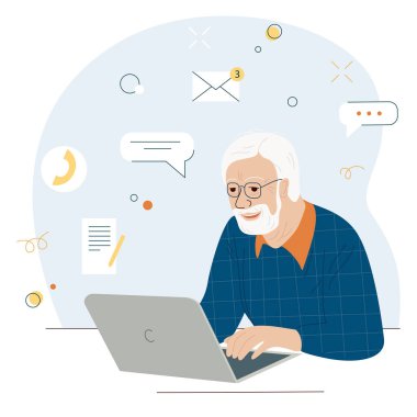 Yaşlı insanlar internet kullanır. Dizüstü bilgisayarı olan son sınıf öğrencisi. Eski bilgisayar eğitimi. İlerici büyükbaba internette çalışmak için dizüstü bilgisayar kullanıyor. Yaşlı adam bilgisayar kullanmayı öğreniyor.