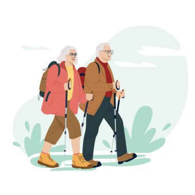 Mutlu yaşlı çift tatillerde sırt çantaları ve yürüyüş çubuklarıyla birlikte seyahat ediyor. Yürüyüş. Beyaz arkaplanda izole edilmiş gezginin renkli düz vektör çizimi.