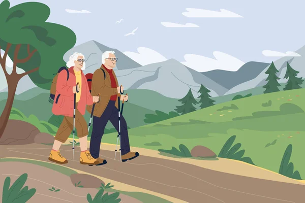 Happy active senior couple traveling together with backpacks and trekking sticks on holidays. Hiking. Enjoying nature, having a good time on their retirement — Stock Vector