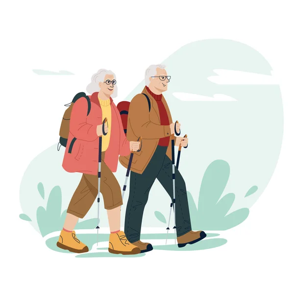 Heureux couple de personnes âgées actives voyageant avec des sacs à dos et des bâtons de trekking en vacances. Randonnée. Illustration vectorielle plate colorée du voyageur isolé sur fond blanc. — Image vectorielle