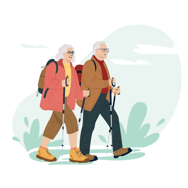 Happy active senior couple traveling together with backpacks and trekking sticks on holidays. Hiking. Colored flat vector illustration of traveler isolated on white background.
