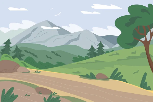 Prados verdejantes com montanhas e uma estrada. Ilustração vetorial em estilo plano — Vetor de Stock