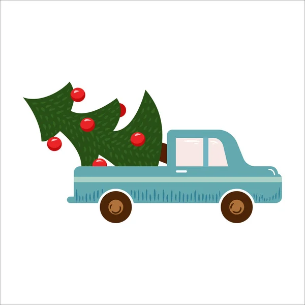 Voiture dessinée à la main avec arbre de Noël. Illustration vectorielle dans le style dessin animé — Image vectorielle