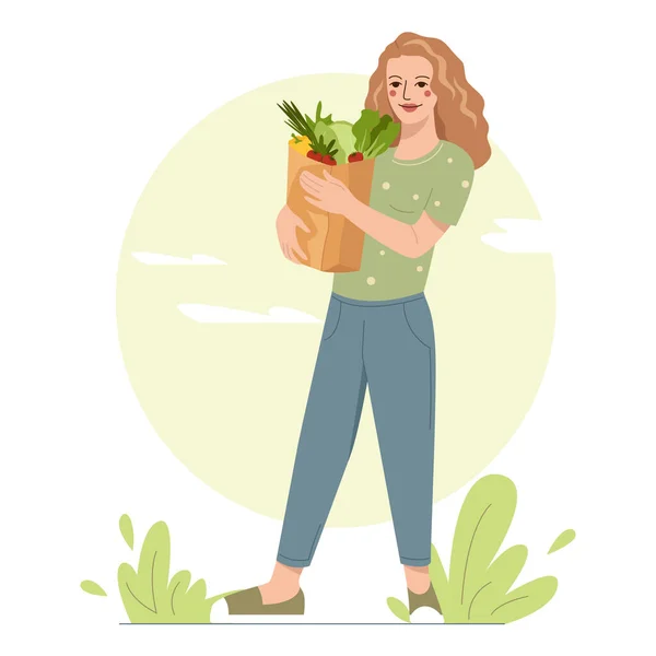 Jeune femme pleine longueur tenant des légumes écologiques dans un sac en papier d'épicerie. Fille végétalienne manger des produits biologiques. Concept zéro déchet. Illustration vectorielle plate — Image vectorielle