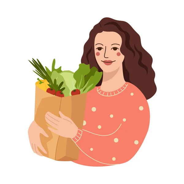 Ung kvinna som håller eko grönsaker i matkassen. Vegansk flicka äter ekologiska produkter. Vegetariskt, veganskt näringsbegrepp. Platt vektor illustration — Stock vektor