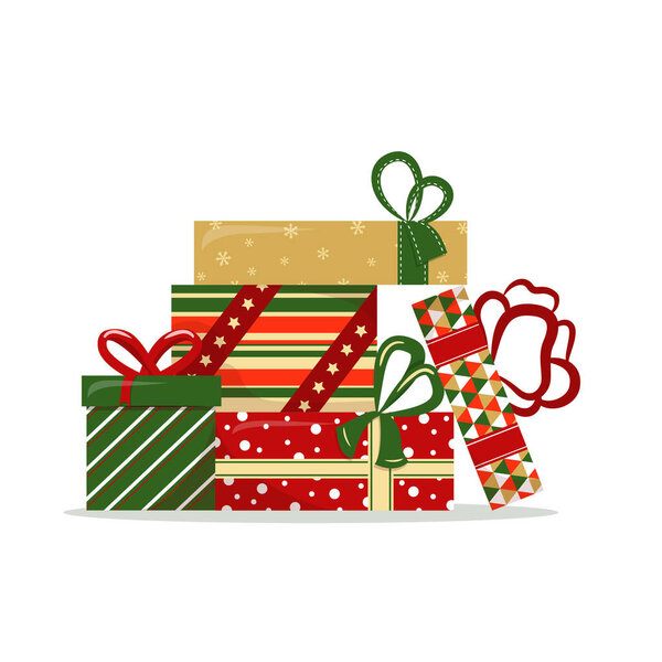 Большая куча подарочных коробок в праздничной оберточной бумаге с лентой и бантами. Различные подарки на рождественские праздники. Плоская векторная иллюстрация, изолированная на белом