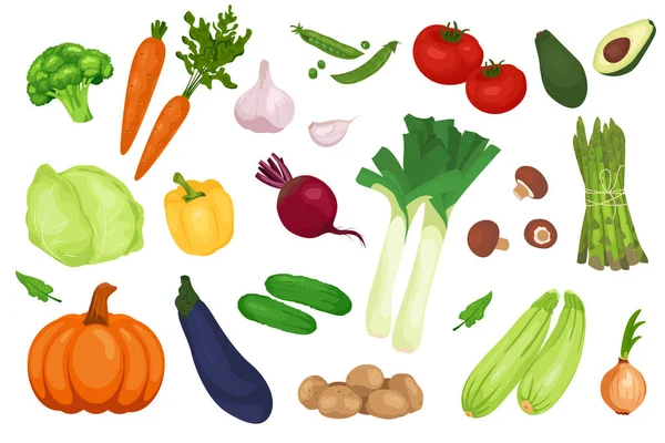 Iconos de verduras vectoriales establecidos en un estilo plano aislado sobre fondo blanco. Colección de productos agrícolas ecológico ecológico vegetal para menú de restaurante, etiqueta del mercado. — Vector de stock